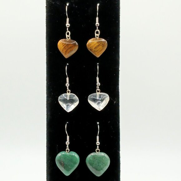 Three Pairs of Rock and Mineral Crystal Heart Dangle Hypoallergenic Earrings - Picture 1 of 5